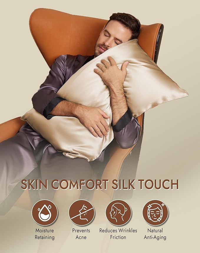 SilkSilky 100% Mulberry Silk Pillowcase - Pure 22 Momme High-Grade 6A Fibers for Hair & Skin, Envelope Closure, Natural, Organic, Breathable & Cooling Pillow Case (Standard, Beige)