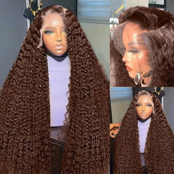 250% Density 13x6 FULL SKINLIKE HD Chocolate Brown Deep Curly lace front wigs Pre Plucked Real 0.10mm Ultra-thin Invisible Water Wave HD Lace Front Wigs Human Hair Small Knots Full Virgin Hair24 Inch