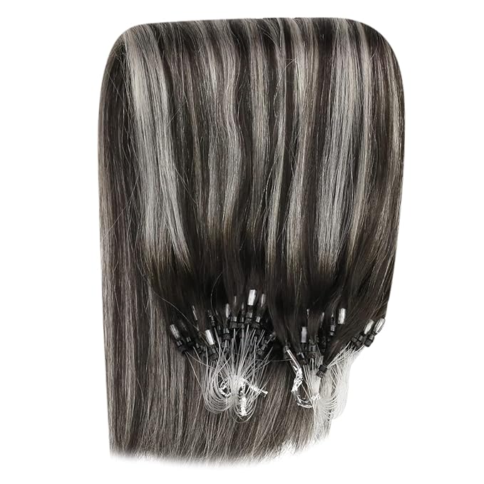 YoungSee Micro Loop Hair Extensions Real Human Hair Silver Balayage Micro Bead Hair Extensions Human Hair Black Ombre Silver Microlink Hair Extension Balayage Black 18 Inch 1g/s 50g 50s