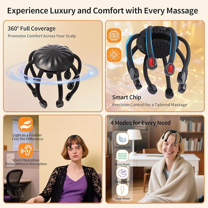 Electric Scalp Massager – Automatic Octopus Head Massage Tool for Hair & Scalp Comfort, Promotes Relaxation, Soothes Tension & Tiredness, with 8 Massage Heads, Scratchers, and 360° Massage Design