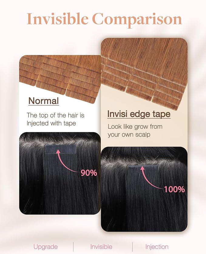 GOO GOO Invisi Edge Tape in Hair Extensions Human Hair, 330 Cinnamon Terra Copper 10pcs injected with 10pcs classical tape ins, 14inch 50g, Virgin Remy Hair, Natural Look