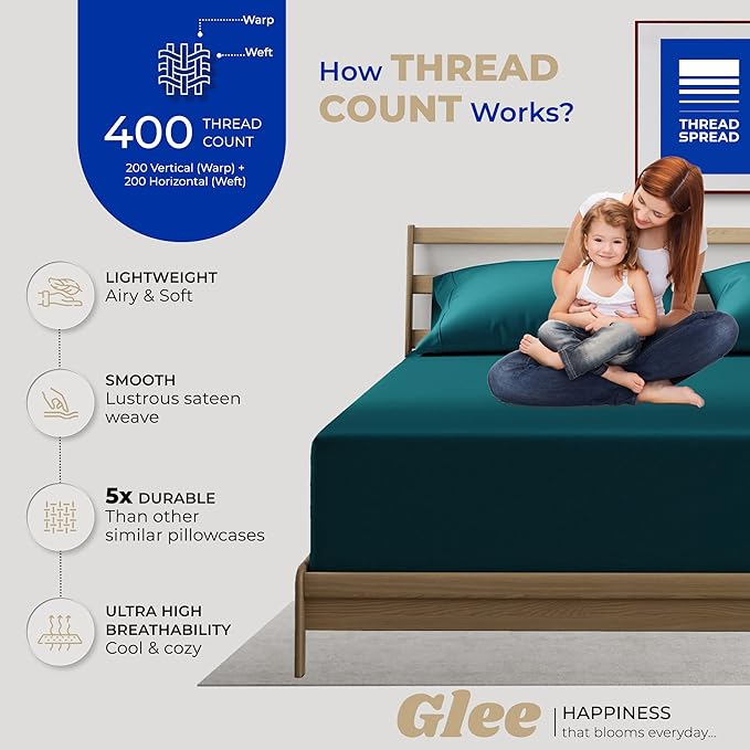 THREAD SPREAD 100% Cotton Pillowcases Standard/Queen Size Set of 2-400 Thread Count Cotton Pillowcases, Ultra Soft Cooling Sateen Weave Pillow Cases for Sleeping, Set of 2 Pillow Covers (Teal)