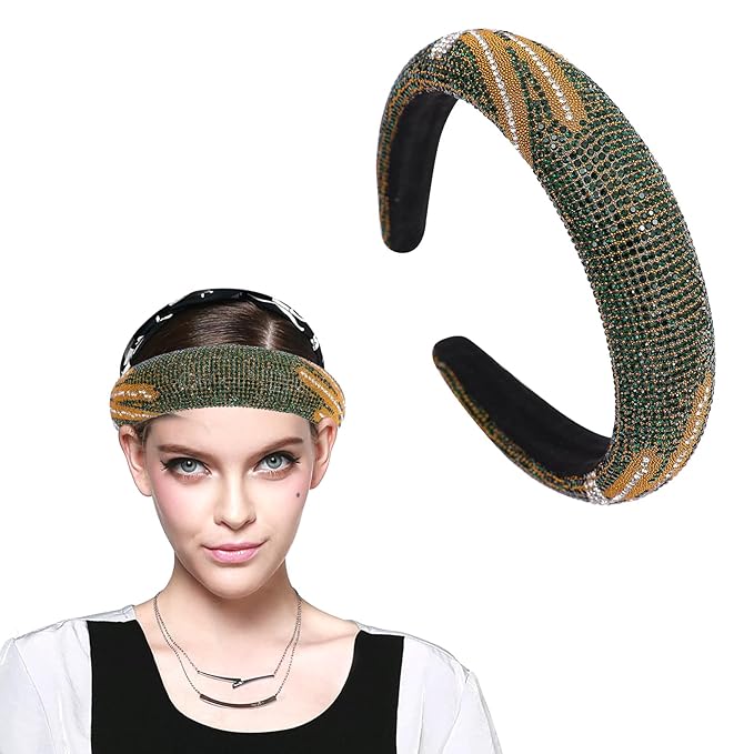 Sparkle Wide Headband for Women Fashion Green Rhinestone Headbands Dressy Glitter Headband Comfortable High Elastic Head Band Hairband Hair Hoop Hair Accessories for Women
