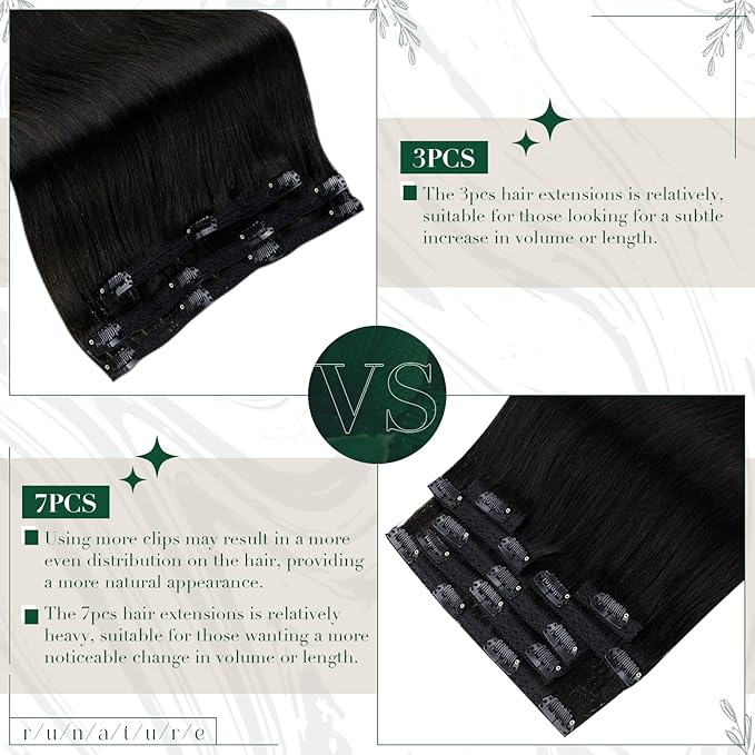 RUNATURE Black Clip in Hair Extensions Real Human Hair, Remy Hair Extensions Clip Ins, Double Weft Human Hair Clip in Extensions for Women, Add Hair Length, 18 Inch 50g 3pcs #1B Off Black