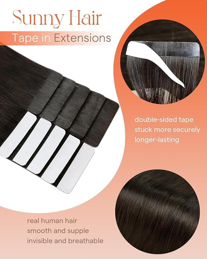 Sunny Hair Tape in Hair Extensions Real Human Hair Invisible Remy Hair Extensions Tape ins for Women Dark Brown 18 inch 25G