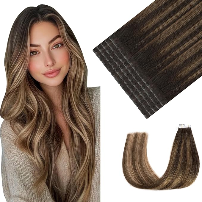 Youngsmile Invisible Tape in Hair Extensions Human Hair #2/6/18 Dark Brown to Dirty Blonde Injection Tape in Hair Extension 20pcs 35g 16 Inch (#2/6/18,16'')