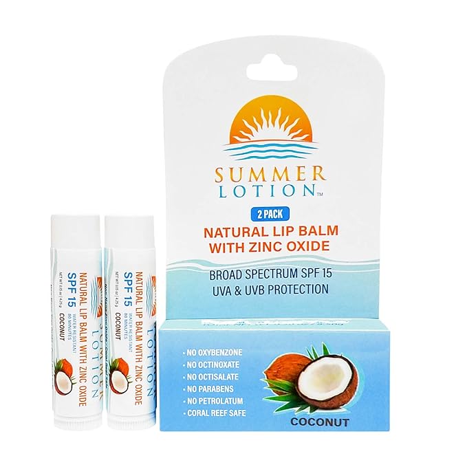 Natural Lip Balm with Zinc Oxide Sunblock by Summer Lotion, SPF 15 Lip Sunscreen 2-Pack, Water Resistant Chapstick, SPF Lip Protection for Everyone, (Coconut)