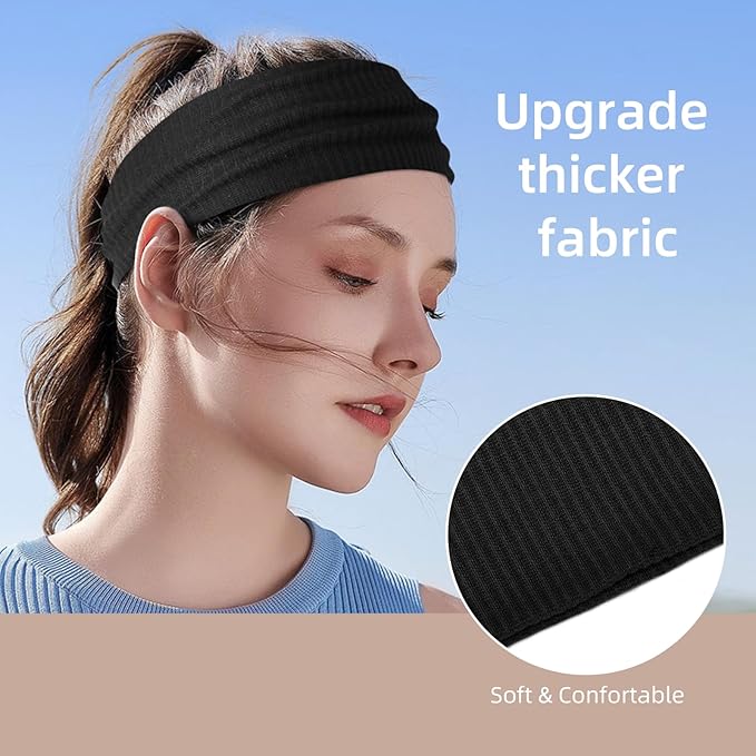 Black Headbands for Women Wide Non Slip Head Bands Soft Elastic Thick Hairbands for Women's Hair Fashion Workout Yoga Hair Accessories, 6 Pack