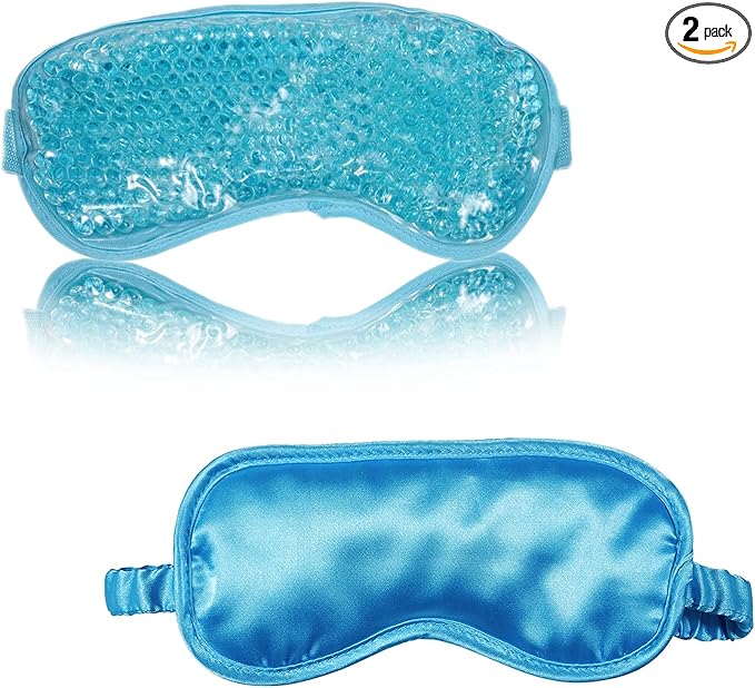 Silk Eye Mask (2packs) for Sleeping, Cooling and Heated Eye Mask, Adjustable Eyeshade Mask Satin Night Travel Gift for Women Men (1silk Eyes Blue mask +1hot&Cold Blue Eyes mask)