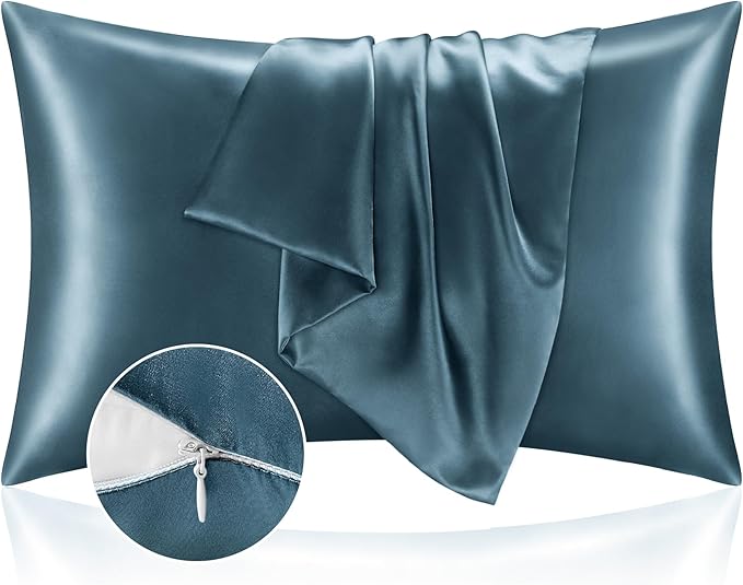BEDELITE Satin Pillowcase with Zipper, Bluesteel King Size Pillow Cases Set of 2, Super Soft and Cooling Similar to Silk Pillow Cases, Gift for Women Men(20x40 Inches)
