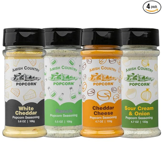 Amish Country Popcorn | Seasoning Variety Pack | 4 Bottles | White Cheddar - Cheddar Cheese - Sour Cream & Onion -Ranch | Nut Free | Old Fashioned, Non-GMO and Gluten Free