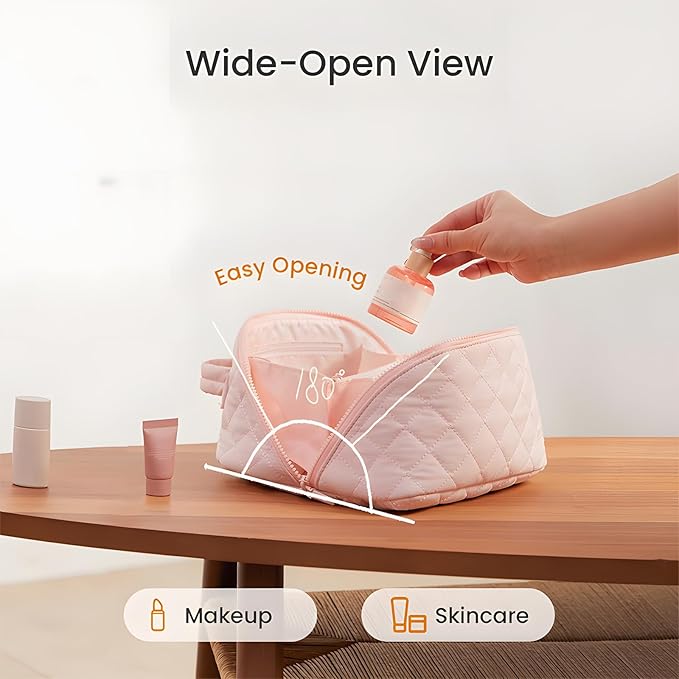 Amposei Makeup Bag Travel Toiletry Bag,Travel Makeup Bag for Women, Puffer Waterproof Cosmetic Organizer, Large Capacity Pouch Open Flat Small Toiletry Bag with Brush Compartment & Handle (Blue)