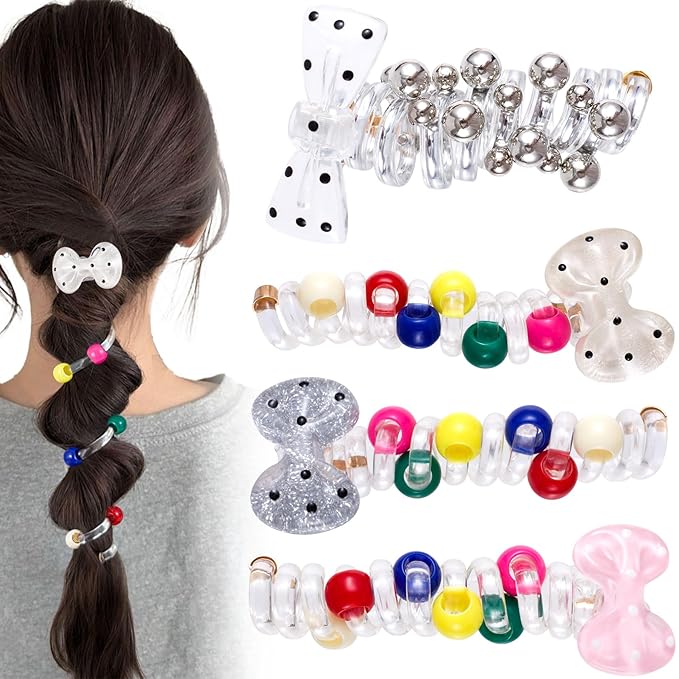 4PCS Bow Spiral Hair Ties with Colored Beads, 4 Colors Bowknot Bead Phone Cord Ponytail Holders for Women, Elegant Rubber Hair Coils, Stylish Hair Accessories for Party, Daily Use