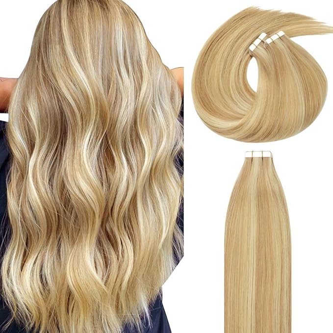 Lacer Hair Extensions Real Human Hair Tape in Silky Straight Golden Blond to Platinum Blonde Tape in Extensions Human Hair 24 Inch 50G 20Pcs Tape Ins