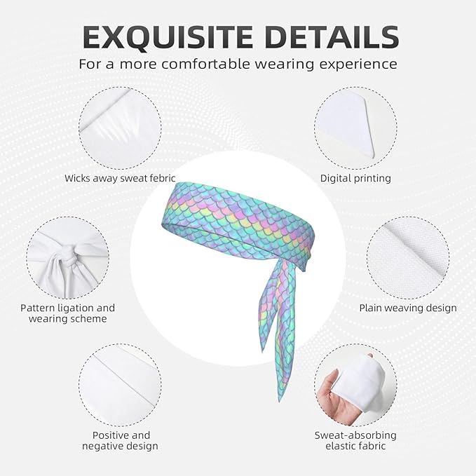 Men Women Beauty Skinny Sports Sweatbands Head Accessories for Running Fitness Shower, Long Multi Style Beautiful Mermaid Fish Scale Head Ribbon Headwear