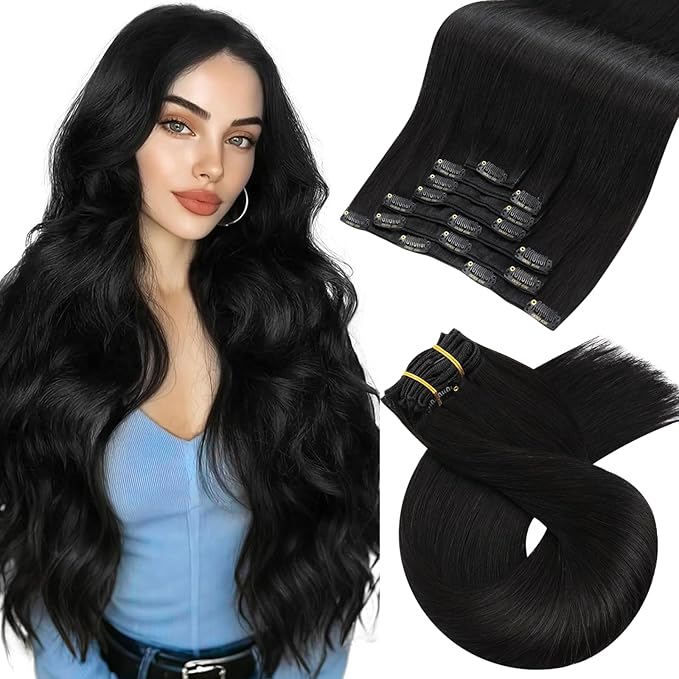 Moresoo 24 inch Hair Extensions Clip in Human Hair Black Remy Double Weft Human Hair Clip in Extensions Straight Hair Extensions for Women Natural Black #1B 7pcs 120g