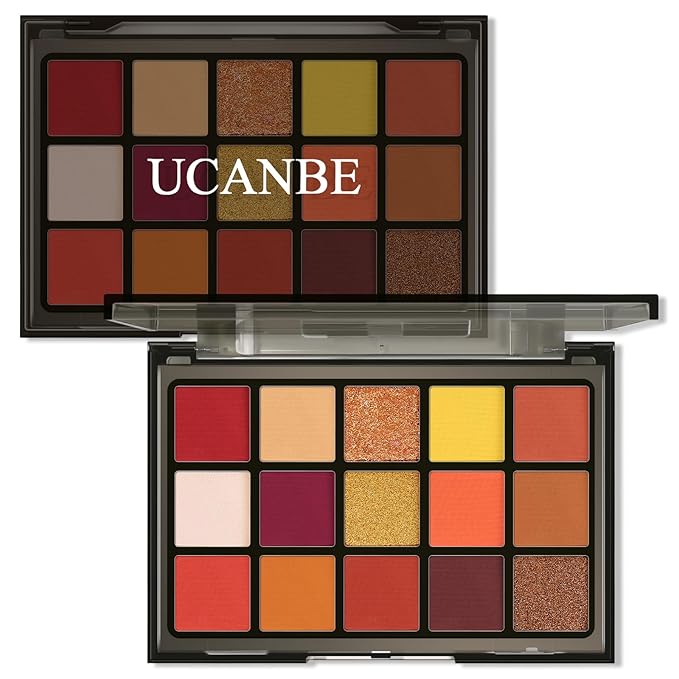 UCANBE Orange Eyeshadow Makeup Palette, 15 Colors Vibrant Shimmer Matte Glitter Eye Shadow Pallet, High Pigmented Warm Yellow Sunset Red Coral for Fall Cosplay Halloween Costume Parties Pumpkin Makeup