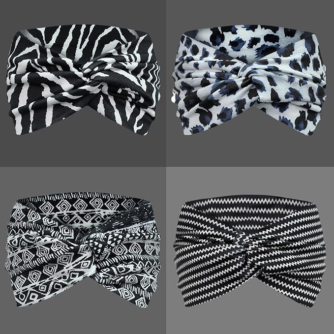 IVARYSS Extra Wide Boho Headbands for Women Non-Slip, 7'' Large Twist Knotted Stretchy Wraps Head Bands Hair Accessories, 4 Pack, White and Black