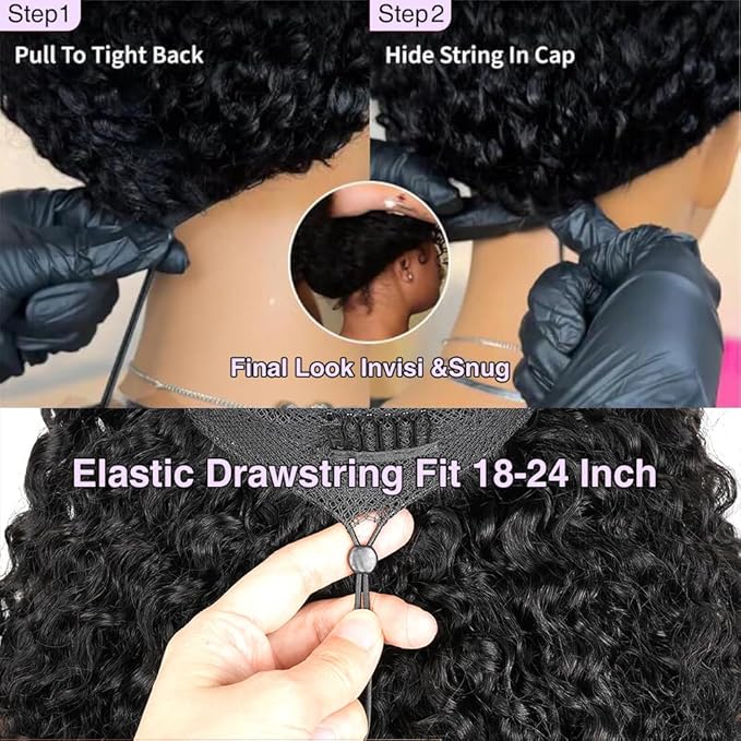 7x6 Burmese Curly Glueless Wigs Human Hair Pre Plucked Pre Cut 250% Density Drawstring Wig Human Hair 7x6 HD Lace Front Wigs Human Hair for Black Women Wear and Go Glueless Wig Natural Color 16inch
