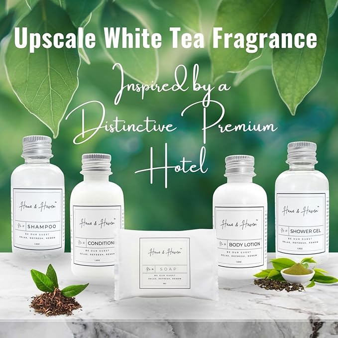 Haus & Haven Hotel Toiletry Sets - 20 Pre-Assembled 5-Piece Guest Amenities in Organza Bags - shampoo, conditioner, shower gel, body lotion and bar soap - White Tea Scent