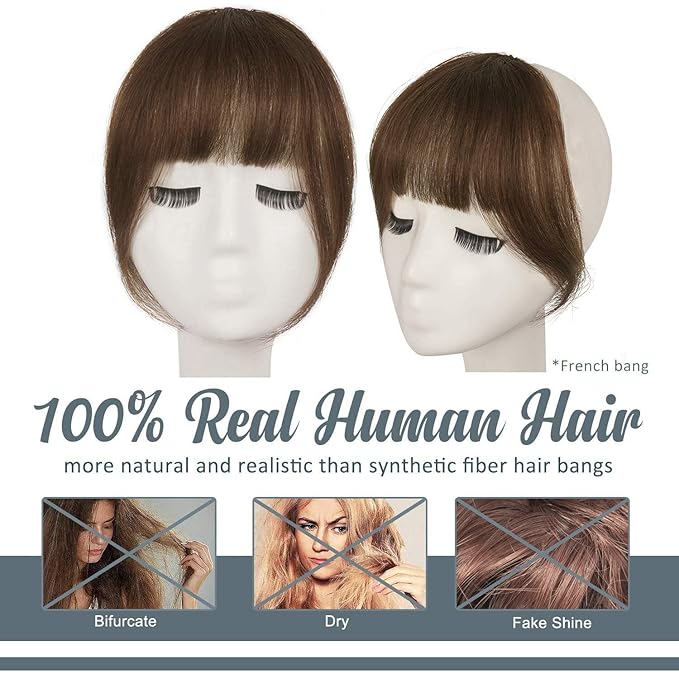 BARSDAR Medium Brown Human Hair Bangs Clip in - 100% Real Human Hair Clip in Bangs for Women - Medium Brown French Bang Extensions Natura Fringe with Temples Hairpieces
