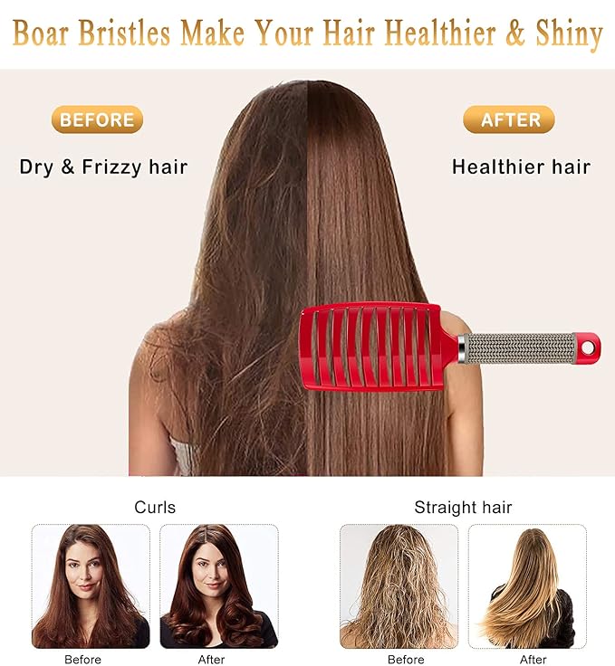 Detangling Brush Boar Bristles Set KTKUDY Hair Brush Curved and Vented Detangler Brush for Women Men Kids Wet and Dry Hair (Red&White)