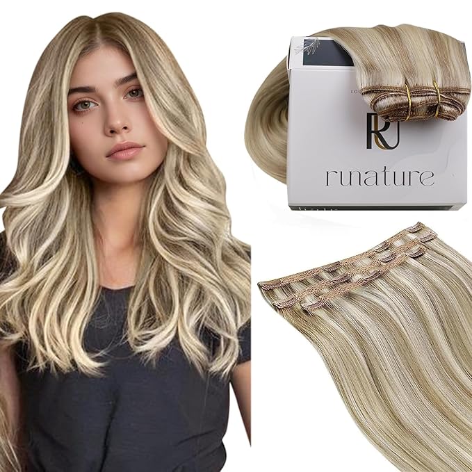 RUNATURE Human Hair Clip in Extensions Straight, Remy Clip in Hair Extensions Real Human Hair for Women, Remy Brazilian Hair, 16 Inch 50g 3pcs #8P60 Ash Brown Highlight Platinum Blonde