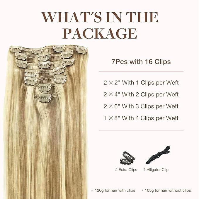 GOO GOO Clip in Hair Extensions Real Human Hair, Remy Human Hair Extensions Clip ins for Women, Natural Human Hair, 24inch 120g 7Pcs, 16/22 Light Blonde Highlighted Golden Blonde