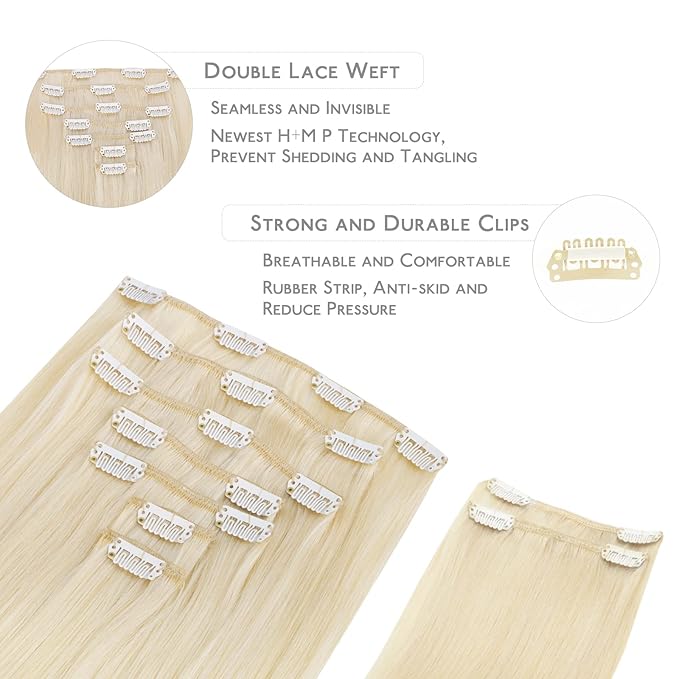 Wennalife Clip in Human Hair Extensions, 14 Inch 150g 9pcs Clip in Hair Extensions Real Human Hair, Platinum Blonde Human Hair Clip in Extensions Remy Human Hair Extensions Clip Ins Double Weft