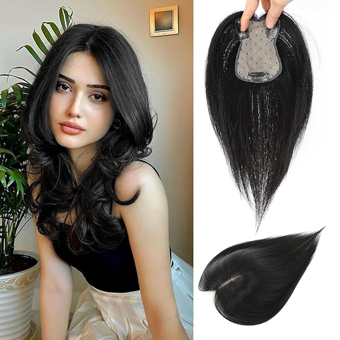 Hair Toppers for Women Real Human Hair, 360°3D Bangs Clip Human Toppers for Women with Thinning hair Realistic Scalp Line (Black, 3D Side Bangs (11 * 7))