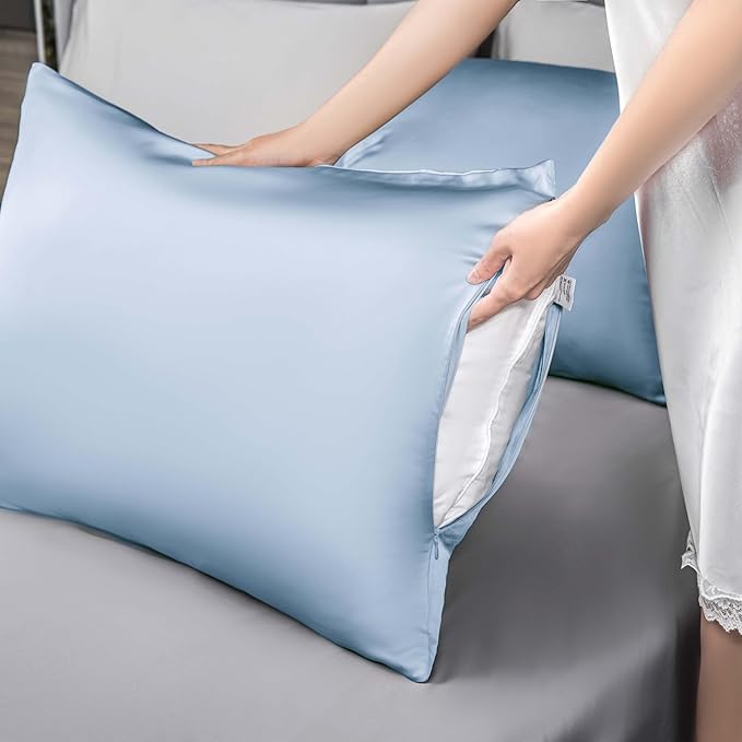 Mulberry Silk Pillowcase for Hair and Skin,Cooling Silk Pillow Case with Hidden Zipper,Allergen Proof Dual Sides Soft Breathable Smooth Silk Pillow Cover for Women (Light Blue,Body)