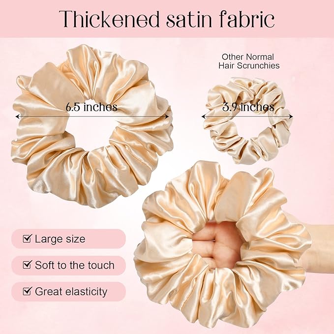 CEELGON Large Silk Satin Scrunchies for Women Big Scrunchies Jumbo Satin Hair Ties Oversized Hair Scrunchies for Thick Curly Hair Pack of 6 (Black,Champagne,Brown,Gold)