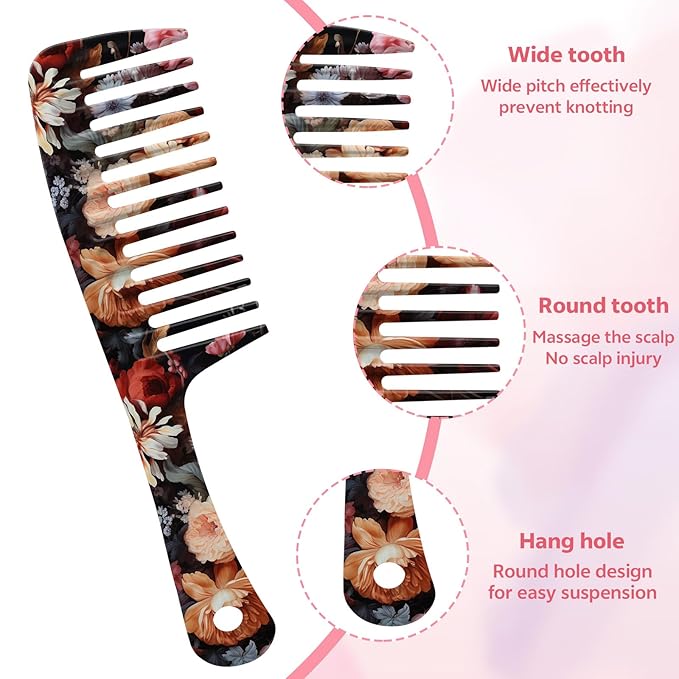 Wide Tooth Comb,Effortless Tangle Removal for Curly, Wet, Long Hair Wet,Cute Aesthetic Design for Women Men and Girls (Black-06)