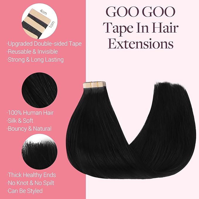 GOO GOO Tape in Hair Extensions Human Hair, 1 Jet black, 26inch 60g 20pcs, Skin Weft Seamless Invisible, Silky Straight with Thick Ends, Remy Human Hair