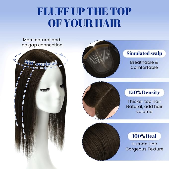 WORLDSTAR Human Hair Toppers for Women Real Human Hair No Bangs 360°3D Coverage Hairpieces Hand-stitched,6 * 7 Inch Base 16Inch #2 Dark Brown,75g with Thinning Hair Upgrade Lace Base (tp#2-16)