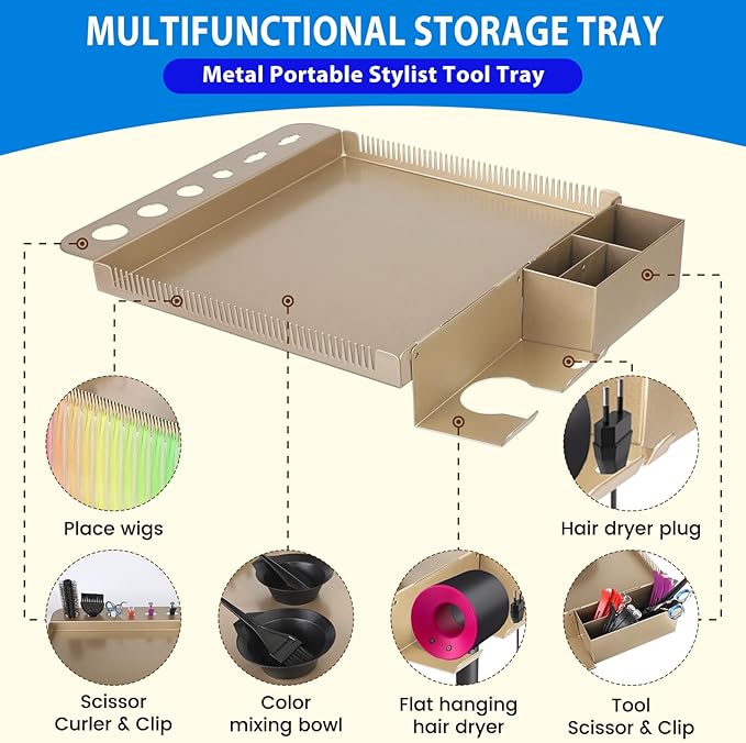 Salon Rolling Tray on Wheels with Adjustable Height - Salon & Spa Service Tray for Hair Stylist, Tattoo & Dental Use (Gold)