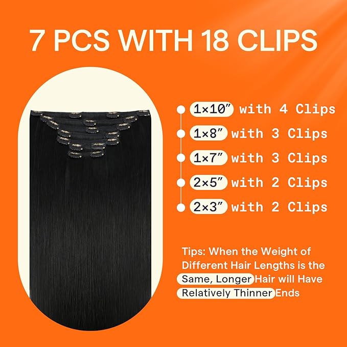 Full Shine Black Clip in Hair Extensions Real Human Hair 22 Inch Straight Real Hair Extensions for Thin Hair Triple Weft Black Clip in Extensions 7 Pcs 120 G