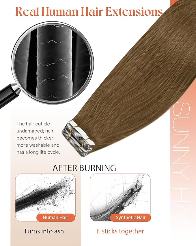 Sunny Hair Tape in Hair Extensions Real Human Hair Invisible Remy Hair Extensions Tape ins for Women Light Brown 14 inch 20Pcs