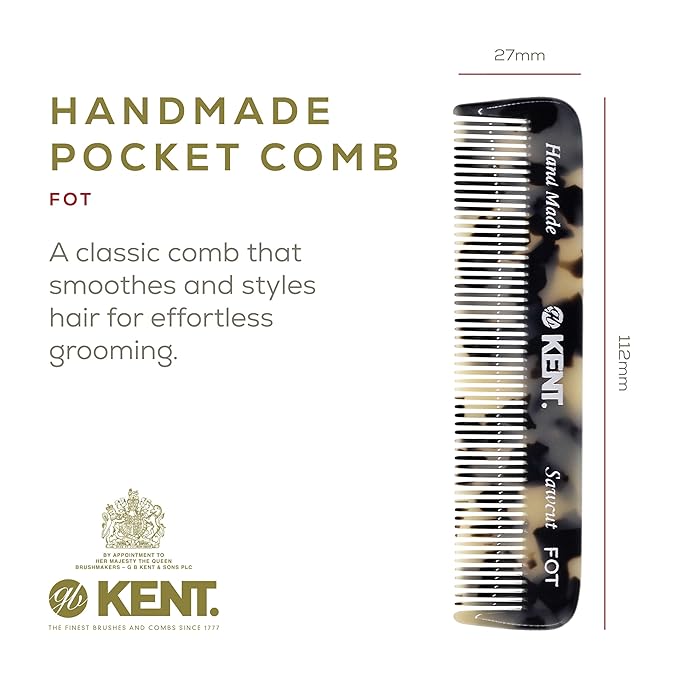 Kent FOT Tokyo White Fine Tooth Comb for Men - Handmade Pocket Comb for Travel, Styling, Fine or Thinning Hair, Mustache and Beard Care Handpolished Saw-Cut Made in England