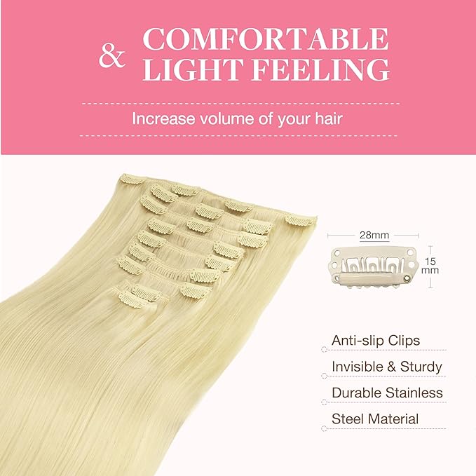 GOO GOO Clip in Hair Extensions Real Human Hair, Remy Human Hair Extensions Clip ins for Women, Natural Human Hair, 22inch 150g 9Pcs, 613R Bleach Blonde