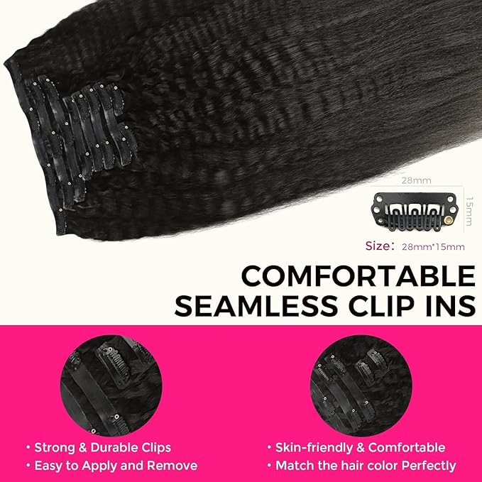 Lashey Clip in Hair Extensions Kinky Straight Seamless Hair Extensions Clip in for Women 9pcs 130g Natural Black Real Human Hair with Ultra PU weft 16 Inch