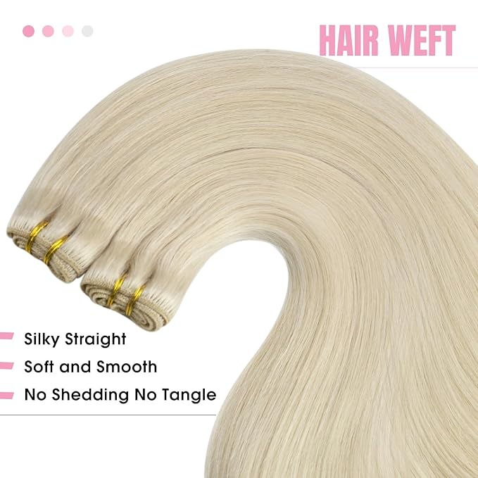 YoungSee 100G Weft Hair Extensions Platinum Blonde Human Hair Extensions Sew in Blonde Hair Weft Extensions Short Straight Hair 14inch