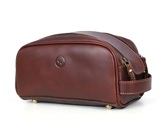 10" Premium Leather Toiletry Travel Pouch With Waterproof Lining Black Color | King-Size Handcrafted Vintage Shaving Kit By Aaron Leather Goods (Saddle Brown)