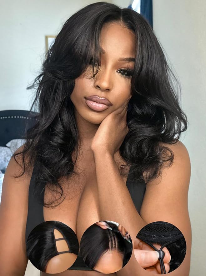KLAIYI EasiContour V Part Wig Human Hair Body Wave Glueless Upgrade U Part Wig No Leave Out No Gel Clip in Half Wig V Shape Pull and Go Beginner Friendly Ready to Wear Natural Black Color 150% 22Inch