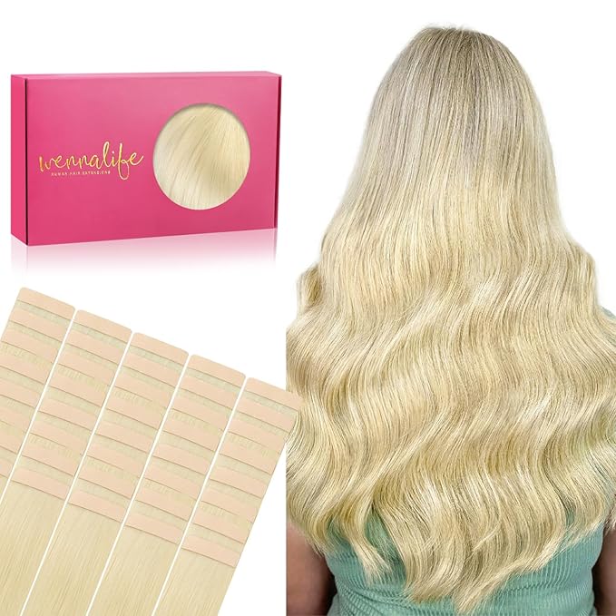 WENNALIFE Tape in Hair Extensions, 40pcs 60g 10 Inch Bleach Blonde Human Hair, Straight Invisible Reusable Real Extensions