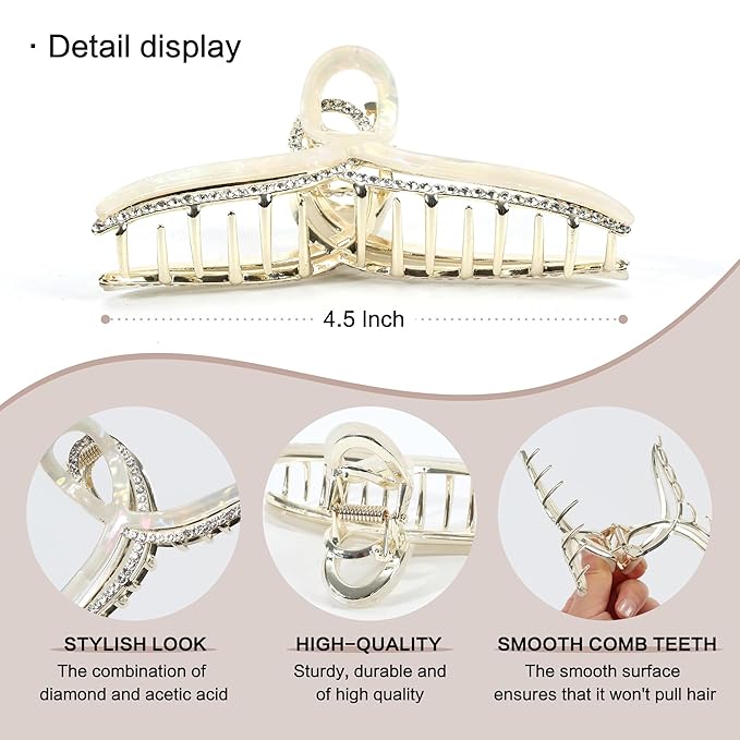 Large Metal Acetate Hair Claw Clips with Rhinestones, Gold Metal Hair Claw for Thick Hair, Strong Hold Non Slip Gold Hair Clips & Acetate Rhinestone for Women（Mermaid White）