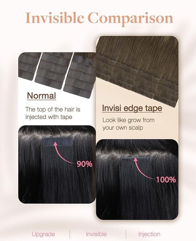GOO GOO Invisi Edge Tape in Hair Extensions Human Hair, 4/26/4 Balayage Chocolate Brown to Honey Blonde 10pcs injected with 10pcs classical tape ins, 14inch 50g, Virgin Remy Hair, Natural Look