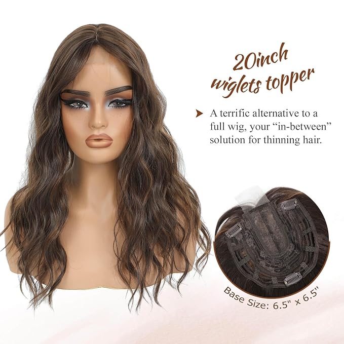 MORICHY Hair Toppers for Women Clip in Hair Topper with Bangs 20inch Medium Brown with Highlights Long Wavy Curly Synthetic HairPieces for Women