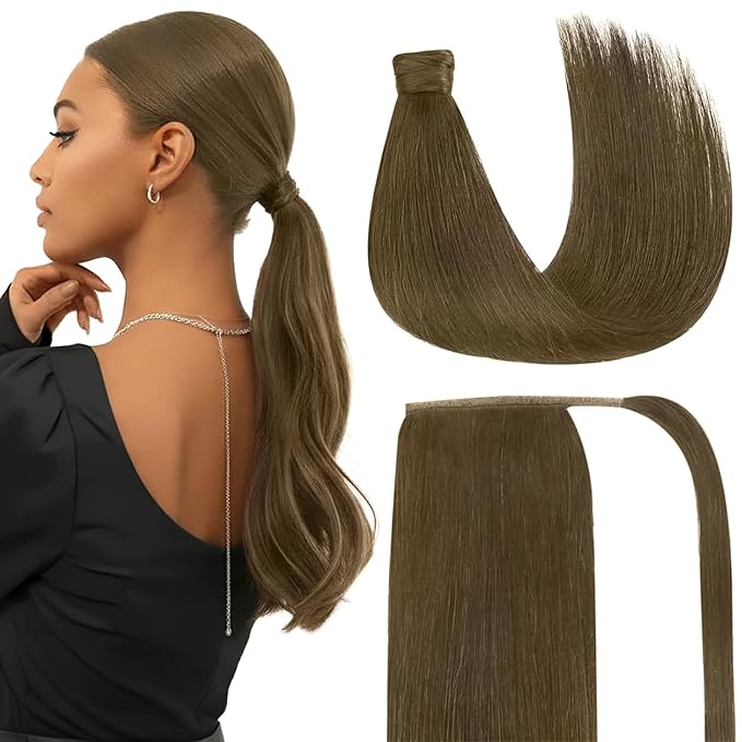 Ve Sunny Hair Extensions Ponytail Real Human Hair Wrap Around Clip in Ponytail Hair Extensions Straight Extensions Human Hair for Women Light Ash Brown 22inch 80G