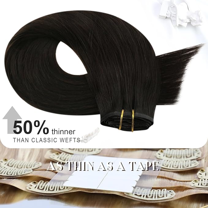 Moresoo Brown Seamless Clip in Hair Extensions Human Hair Remy Dark Brown Hair Extensions Clip ins Long Full Head Invisible 120g/7pcs 18 inch